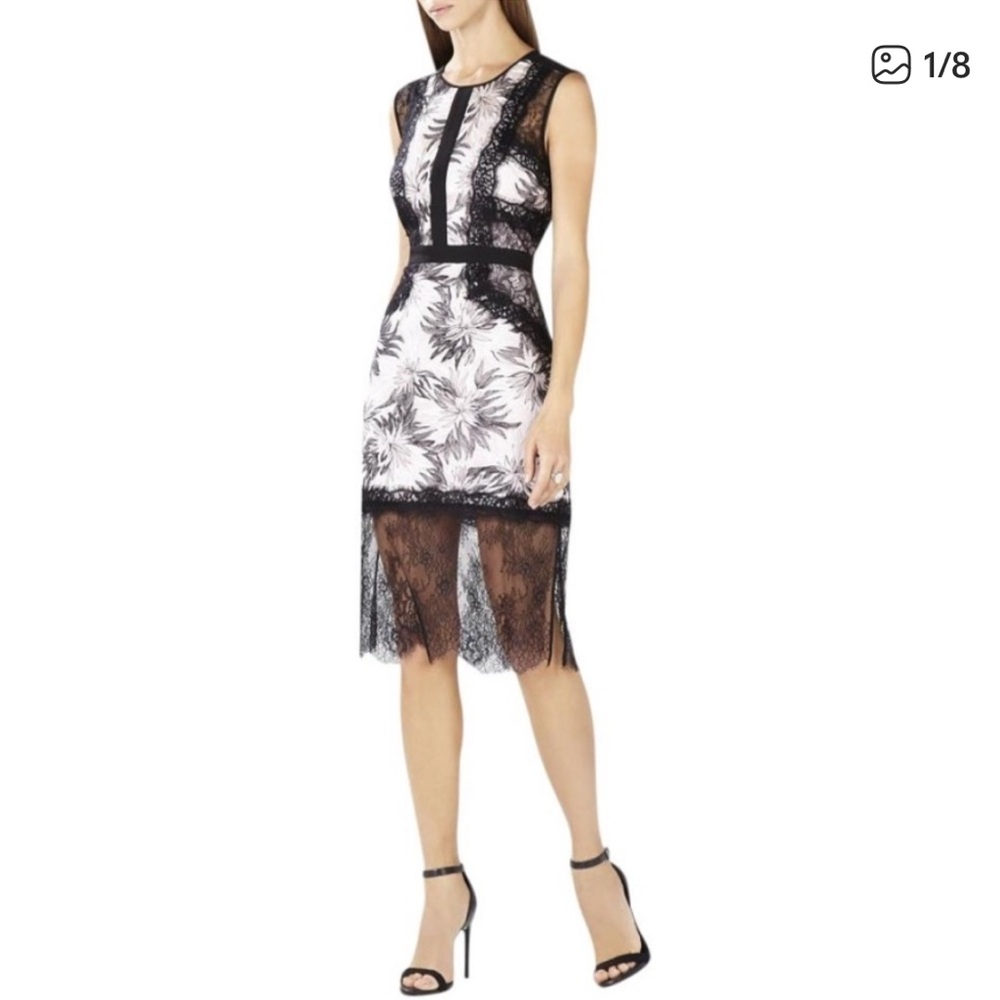 BCBGMaxAzria Black and Cream Floral Lace Midi Dress